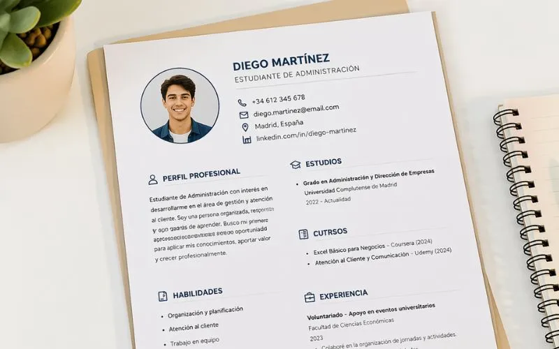 Ejemplo visual de currículum sin experiencia con secciones básicas bien organizadas