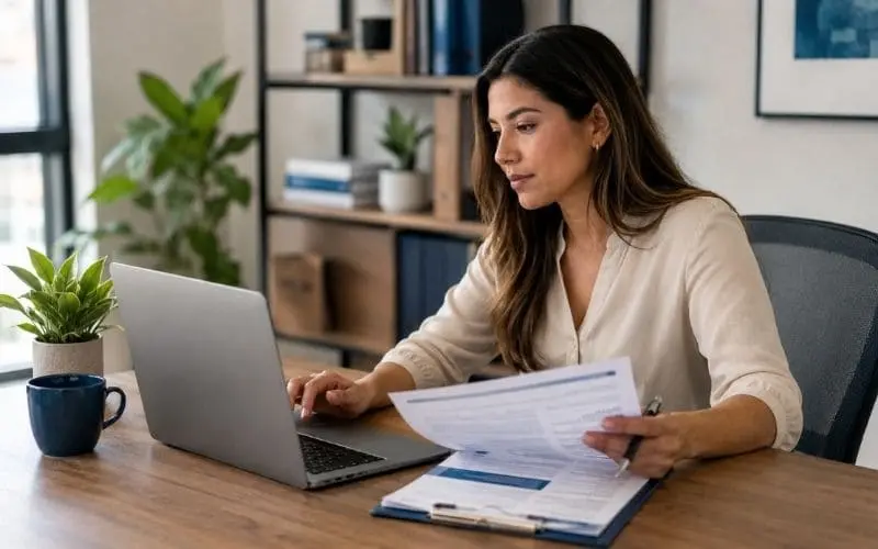 Persona revisando su currículum en una laptop
