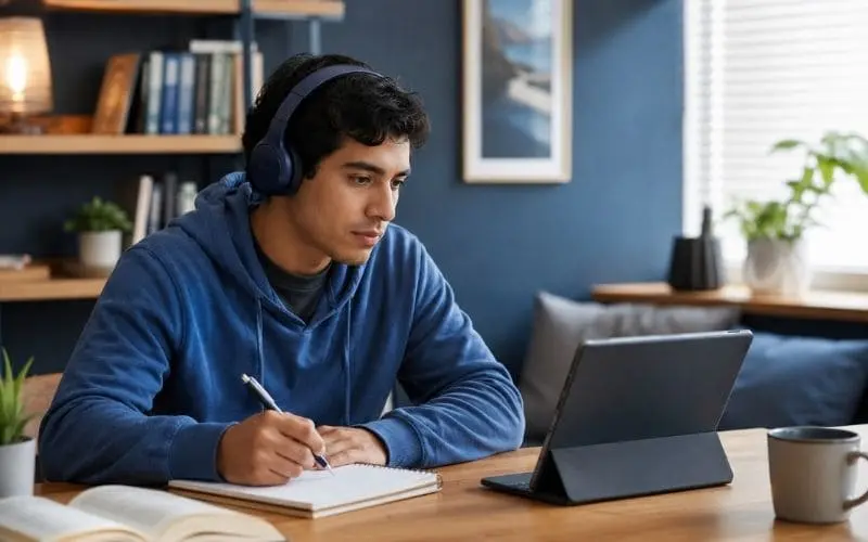 Persona estudiando un curso online y tomando notas