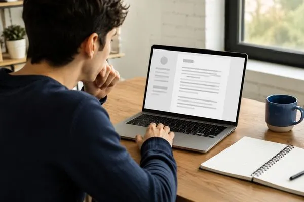 Persona creando su primer currículum en una laptop