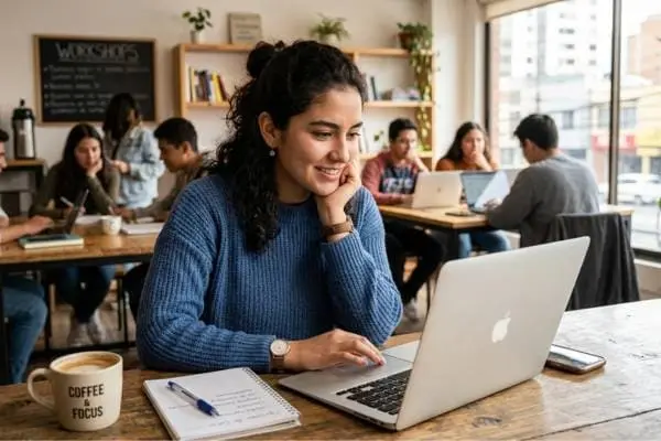 Joven revisando opciones de capacitación en una computadora