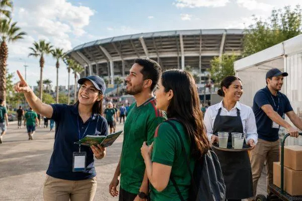 Personas preparándose para trabajar en un evento deportivo internacional